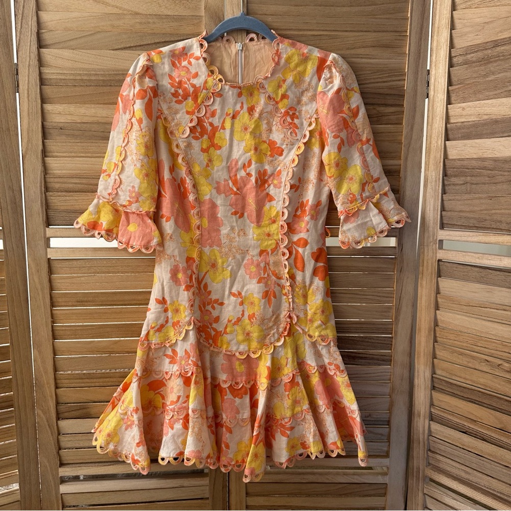 Light Beige Printed Linen & Cotton Scallop Detail Mini Dress size S - Picture 2 of 8